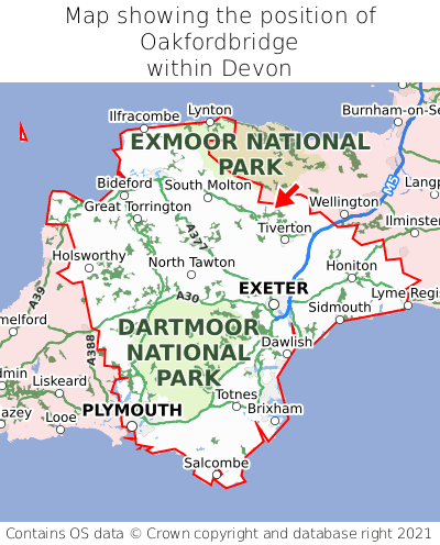 Map showing location of Oakfordbridge within Devon