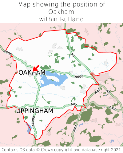 Map showing location of Oakham within Rutland