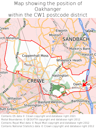 Map showing location of Oakhanger within CW1