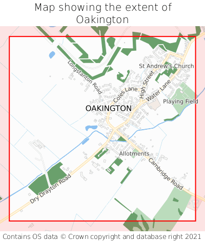 Map showing extent of Oakington as bounding box