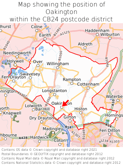 Map showing location of Oakington within CB24