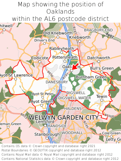 Map showing location of Oaklands within AL6