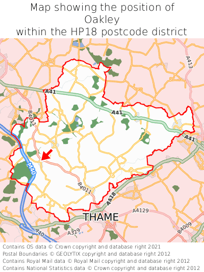 Map showing location of Oakley within HP18