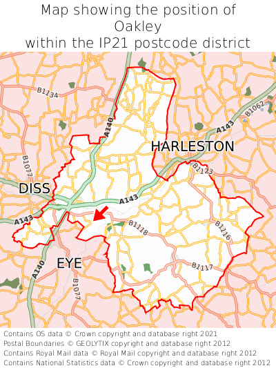 Map showing location of Oakley within IP21