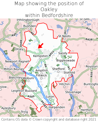 Map showing location of Oakley within Bedfordshire