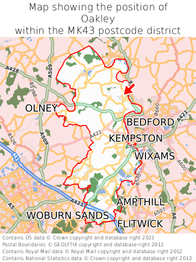 Map showing location of Oakley within MK43
