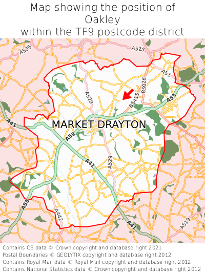 Map showing location of Oakley within TF9