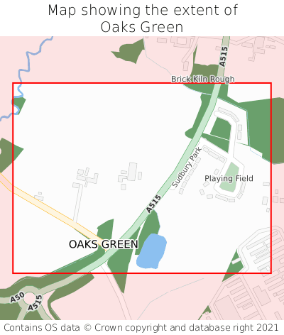 Map showing extent of Oaks Green as bounding box