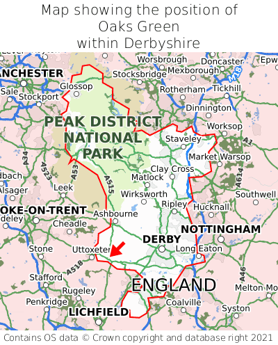 Map showing location of Oaks Green within Derbyshire