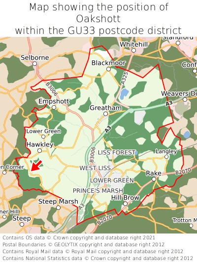 Map showing location of Oakshott within GU33