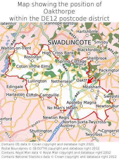 Map showing location of Oakthorpe within DE12