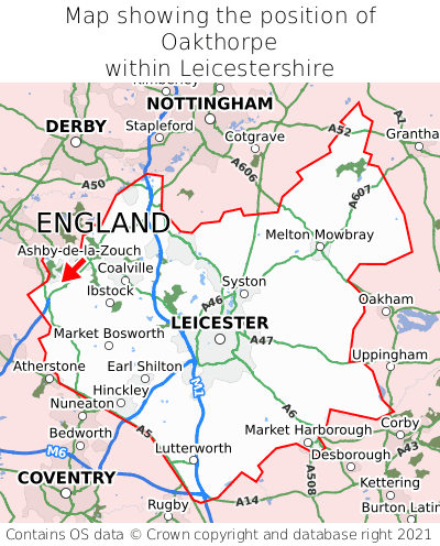 Map showing location of Oakthorpe within Leicestershire