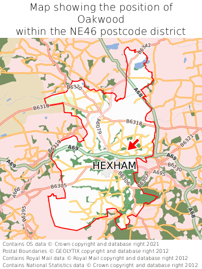 Map showing location of Oakwood within NE46