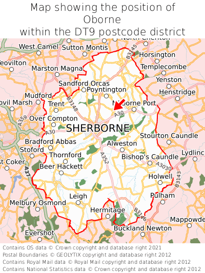 Map showing location of Oborne within DT9