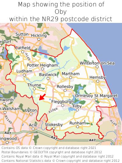 Map showing location of Oby within NR29