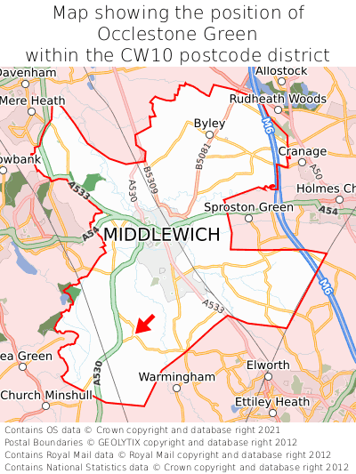 Map showing location of Occlestone Green within CW10