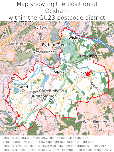 Map showing location of Ockham within GU23