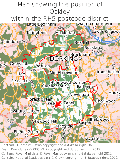 Map showing location of Ockley within RH5