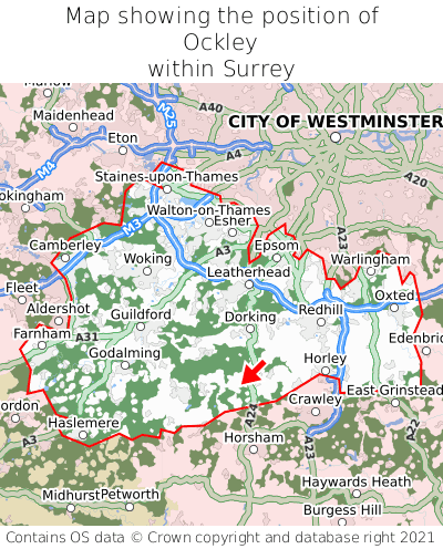 Map showing location of Ockley within Surrey