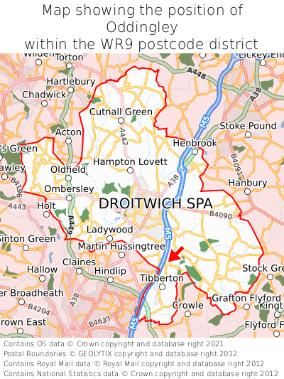 Map showing location of Oddingley within WR9