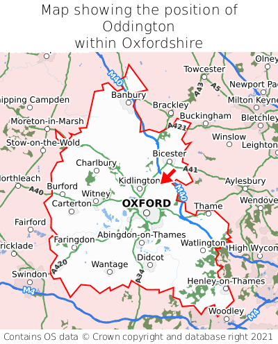 Map showing location of Oddington within Oxfordshire