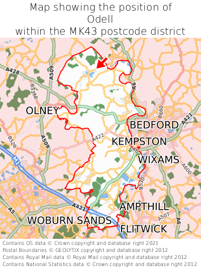 Map showing location of Odell within MK43