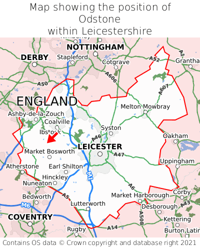 Map showing location of Odstone within Leicestershire