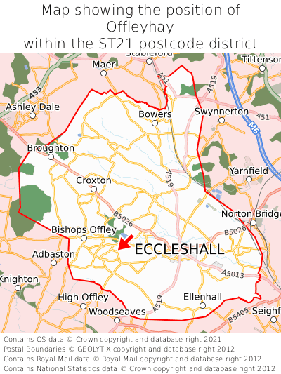 Map showing location of Offleyhay within ST21