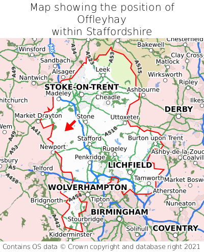 Map showing location of Offleyhay within Staffordshire