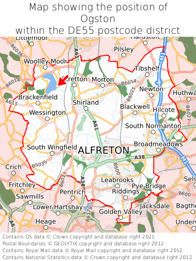 Map showing location of Ogston within DE55