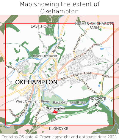 Map showing extent of Okehampton as bounding box