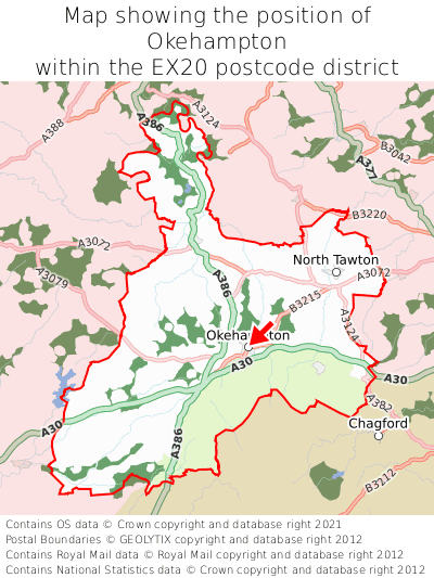 Map showing location of Okehampton within EX20