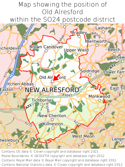 Map showing location of Old Alresford within SO24