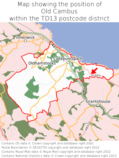 Map showing location of Old Cambus within TD13
