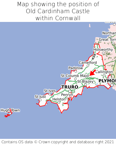 Map showing location of Old Cardinham Castle within Cornwall