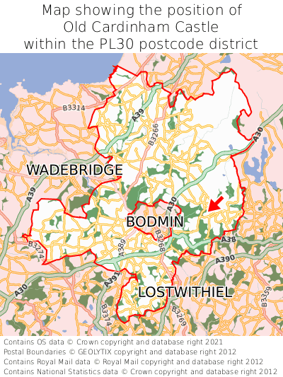 Map showing location of Old Cardinham Castle within PL30