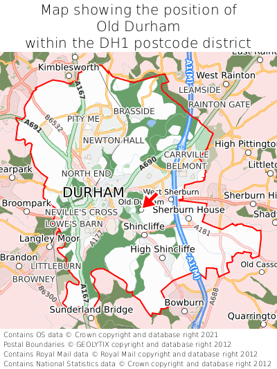 Map showing location of Old Durham within DH1