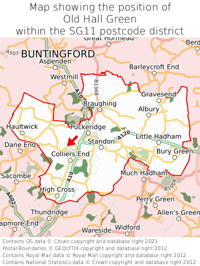 Map showing location of Old Hall Green within SG11