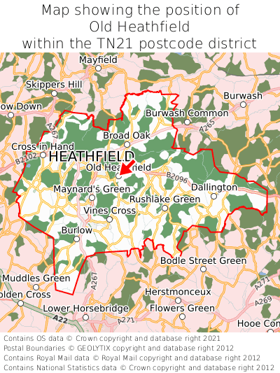 Map showing location of Old Heathfield within TN21