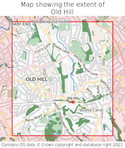 Map showing extent of Old Hill as bounding box