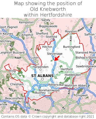 Map showing location of Old Knebworth within Hertfordshire