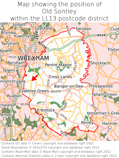 Map showing location of Old Sontley within LL13