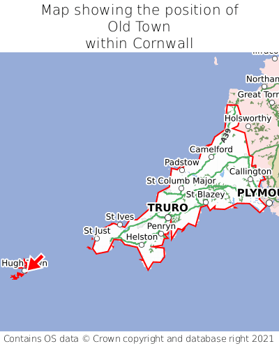 Map showing location of Old Town within Cornwall