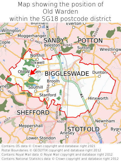 Map showing location of Old Warden within SG18