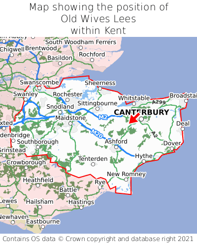 Map showing location of Old Wives Lees within Kent