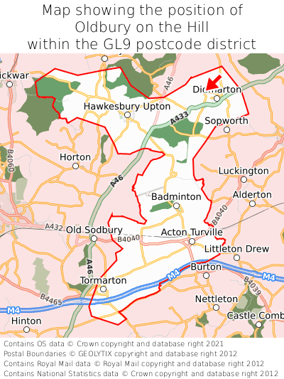 Map showing location of Oldbury on the Hill within GL9