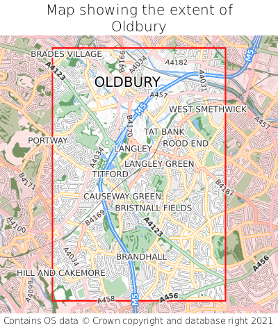 Map showing extent of Oldbury as bounding box