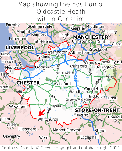 Map showing location of Oldcastle Heath within Cheshire