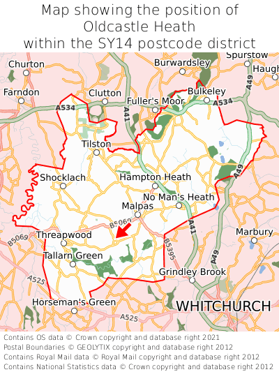 Map showing location of Oldcastle Heath within SY14