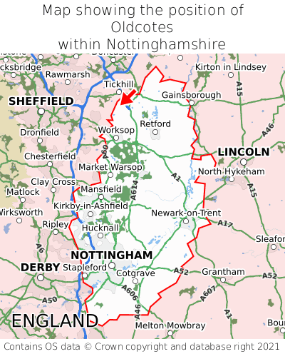 Map showing location of Oldcotes within Nottinghamshire